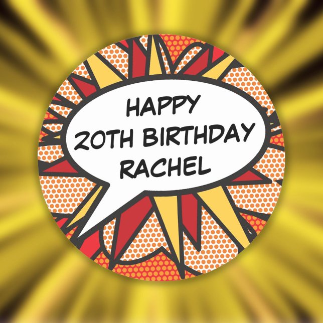 Pegatina Redonda Cualquier discurso de cumpleaños burbuja libro de  (Any Birthday Speech Bubble Fun Retro Comic Book Classic Round Sticker)