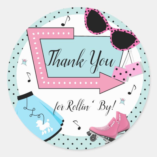 Pegatina Redonda Cualquier edad, cumpleaños retro de los años 50 (Anverso)