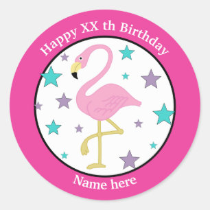 Pegatina Redonda Cualquier edad Flamingo de cumpleaños personalizad