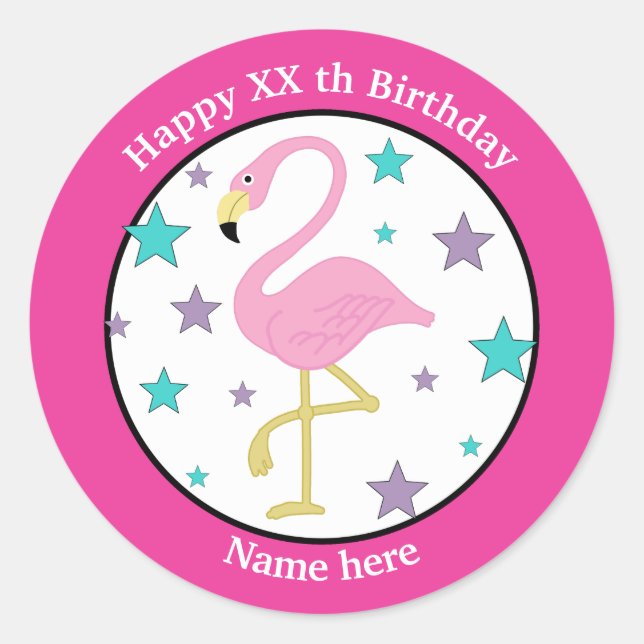 Pegatina Redonda Cualquier edad Flamingo de cumpleaños personalizad (Anverso)