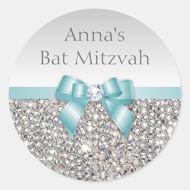 Pegatina Redonda Cualquier evento Faux Silver Secuencia Verde azula (Anverso)