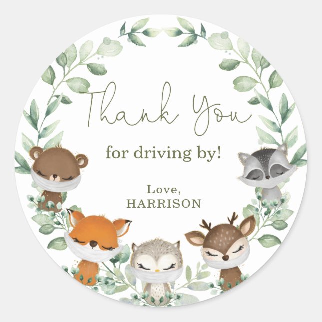 Pegatina Redonda Cuarentena De Animales De Groeney Woodland Pasando (Anverso)