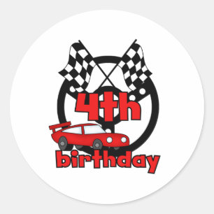 Pegatina Redonda Cuarto cumpleaños de la Carreras del automóvil