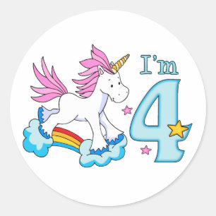 Pegatina Redonda Cuarto cumpleaños de Unicornio Rainbow