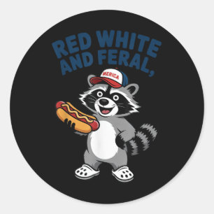 Pegatina Redonda Cuarto De Julio Raccoon Blanco Rojo E Infierno Fer