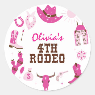 Pegatina Redonda Cuarto Rodeo Rosa Occidental Vaquero Cumpleaños 4