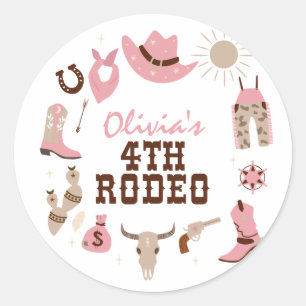 Pegatina Redonda Cuarto Rodeo Rosa Oeste Cowboy 4º Cumpleaños