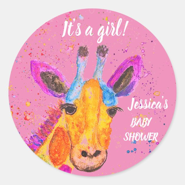 Pegatina Redonda Cuate Giraffe Watercolor Safari Jungla Baby Shower (Anverso)