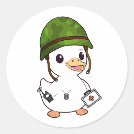 Pegatina Redonda Cuato Pato Usando casco del ejército