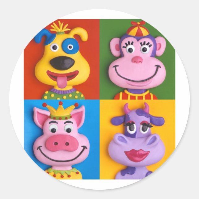 Pegatina Redonda Cuatro caras animales (Anverso)