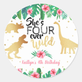 Pegatina Redonda Cuatro Chicas de dinosaurios salvajes de la histor