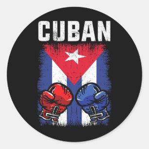 Pegatina Redonda Cuba Boxeo Con Guantes Y Bandera Cubana