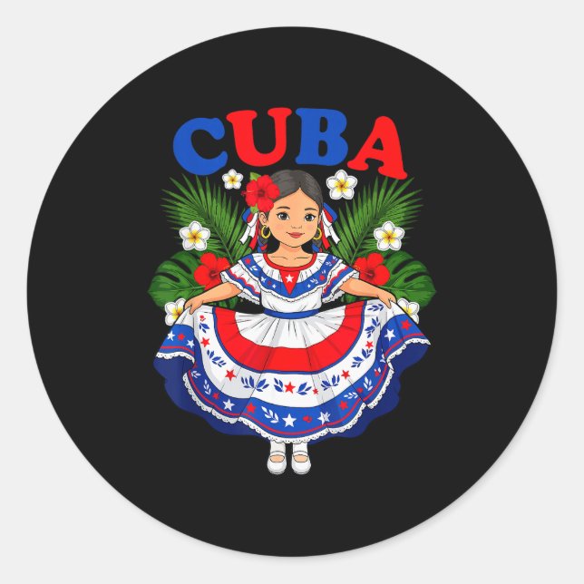 Pegatina Redonda Cuba Cuban Girl Traditional Dress Trocal Flowers  (Anverso)