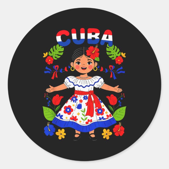 Pegatina Redonda Cuba Cuban Girl Traditional Dress Trocal Flowers  (Anverso)