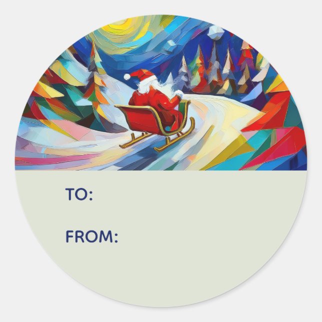 Pegatina Redonda Cubism Santa Christmas Holiday To From (Anverso)