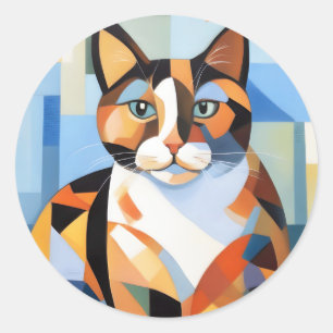 Pegatina Redonda Cubist Calico Cat Composition Painting