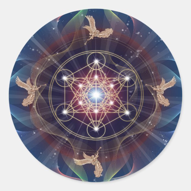 Pegatina Redonda Cubo de Metatron - Merkabah - Geometría sagrada (Anverso)