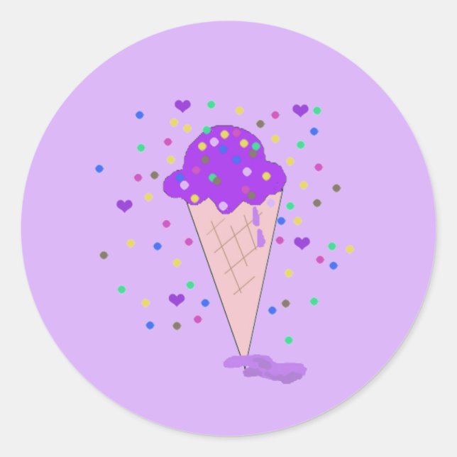 Pegatina Redonda Cucharada de Helado de Confeti Morado (Anverso)