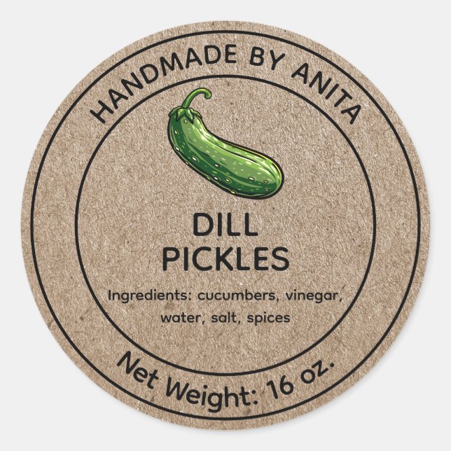 Pegatina Redonda Cucumber Dill Pickles Jar Label Kraft Estilo de pa (Anverso)