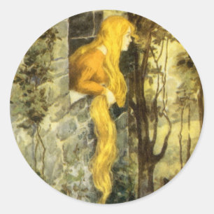 Pegatina Redonda Cuento de Hadas Antiguo, Rapunzel con Cabello Rubi