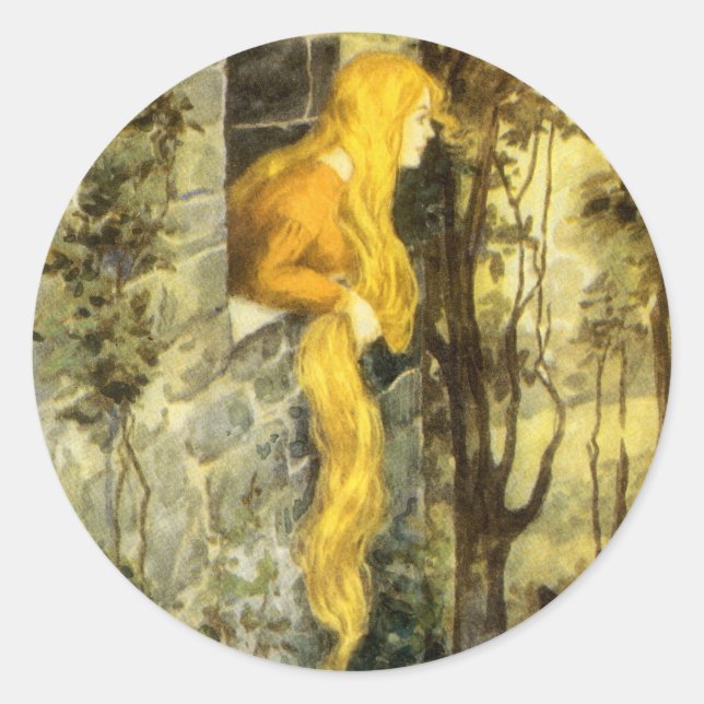Pegatina Redonda Cuento de Hadas Antiguo, Rapunzel con Cabello Rubi (Anverso)