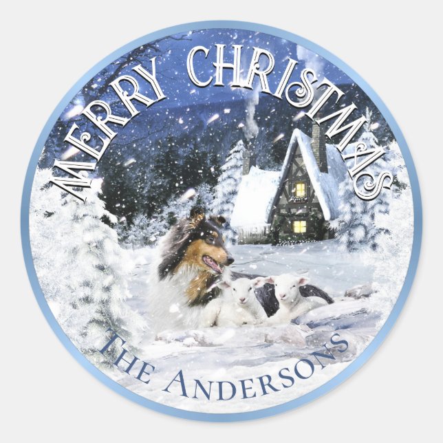 Pegatina Redonda Cuento de Hadas de Invierno de Navidad, Perro Coll (Anverso)