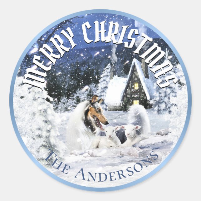 Pegatina Redonda Cuento de Hadas de Navidad de Invierno, Collie Blu (Anverso)