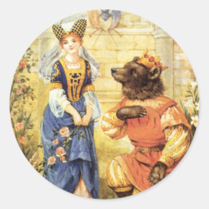 Pegatina Redonda Cuento de Hadas Vintage, La Bella y la Bestia