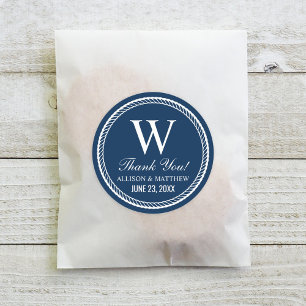 Pegatina Redonda Cuerda de Monograma de Boda de la Marina Náutica