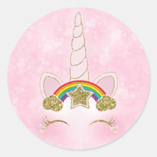 Pegatina Redonda Cuerno de Unicornio de Corazones Rosas Estrella de