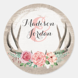 Pegatina Redonda Cuerno Floral Rústico Madera Boda Personalizado