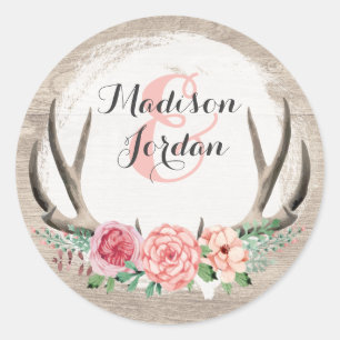 Pegatina Redonda Cuerno Floral Rústico Madera Boda Personalizado