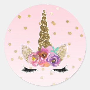 Pegatina Redonda Cuerno Floral Unicornio de Oro Rosa Favor de Fiest