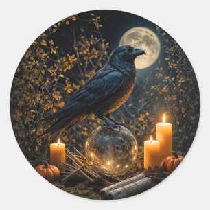 Pegatina Redonda Cuervo Místico Inspirado en Samhain Brujería