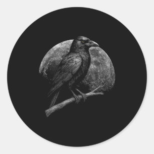 Pegatina Redonda Cuervo Místico Luna Folclore Oscuro Brujería Vikin