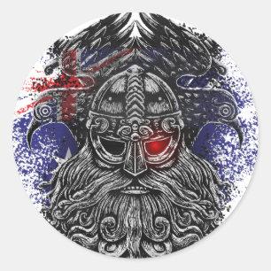 Pegatina Redonda Cuervos de Odín espadas Mitología Vikinga bandera 