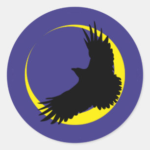 Pegatina Redonda Cuervos luna media luna raven crescent moon