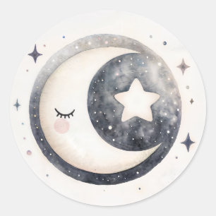 Pegatina Redonda Cuesta Crescent Moon and Stars Watercolor