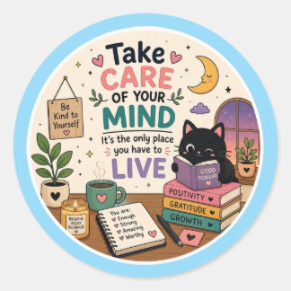 Pegatina Redonda Cuida Tu Mente Gato Lindo Sticker De Autocuidado