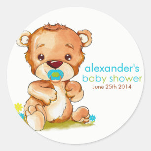 Pegatina Redonda Cuidada acuarela Baby Bear Boy Baby Shower
