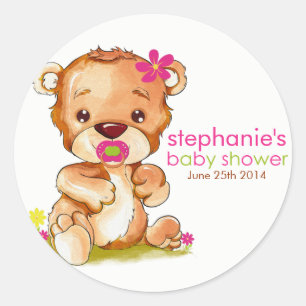 Pegatina Redonda Cuidada acuarela Bear Chica Baby Shower