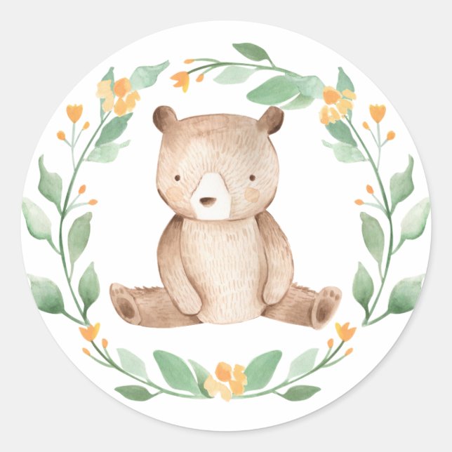 Pegatina Redonda Cuidada acuarela Bear Woodland Baby Shower (Anverso)