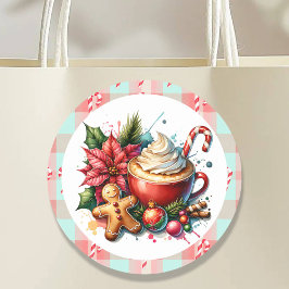 Pegatina Redonda Cuidada acuarela Cacao caliente, Candy Canes y Coo