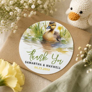 Pegatina Redonda Cuidada acuarela Duck Baby Boy Shower