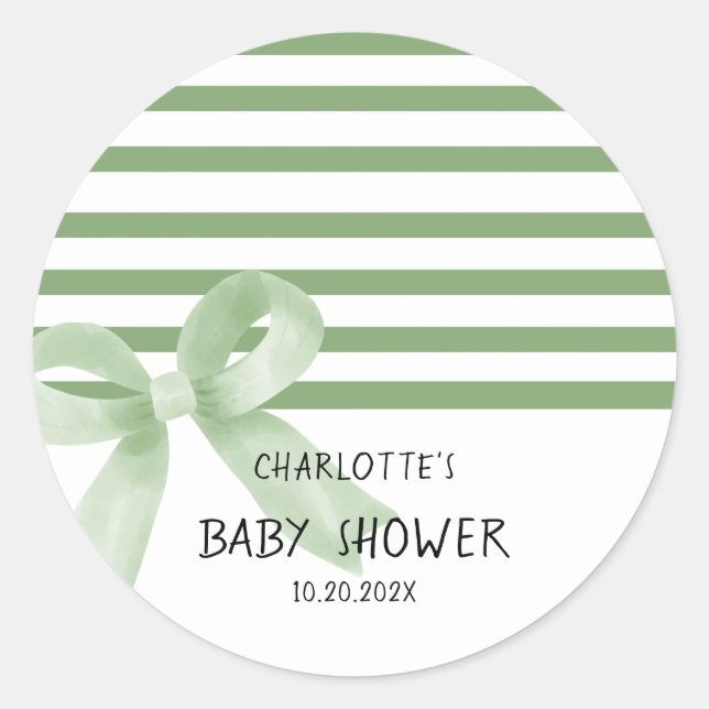 Pegatina Redonda Cuidada acuarela Green Bow Baby Shower (Anverso)