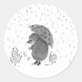 Pegatina Redonda Cuidada acuarela Hedgehog Rainy Day Whimsical