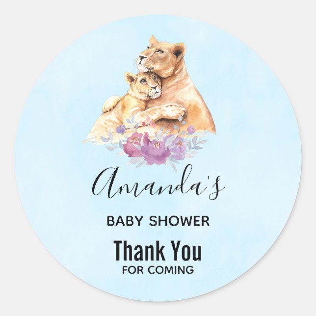 Pegatina Redonda Cuidada acuarela madre león y lata Baby Shower (Anverso)