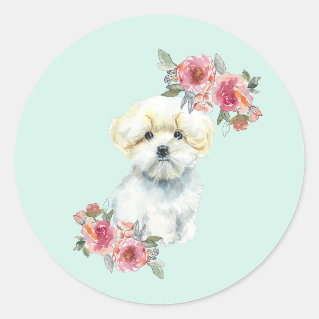 Pegatina Redonda Cuidada acuarela maltesa de perro con cachorro (Anverso)