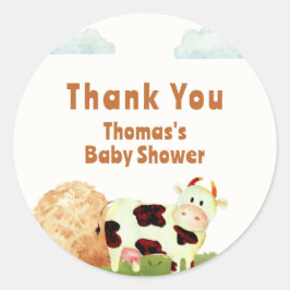 Pegatina Redonda Cuidada acuarela rústica Holy Cow Farm Baby Shower