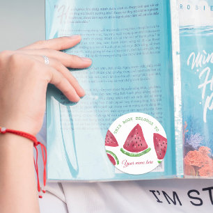 Pegatina Redonda Cuidada acuarela sandía Nombre personalizado Bookp